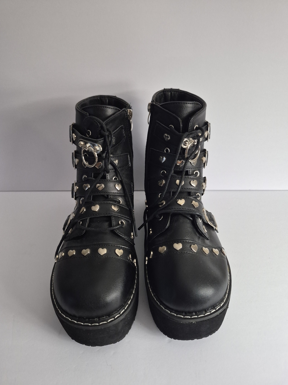 Black Heart-Stud Platform Combat Boots